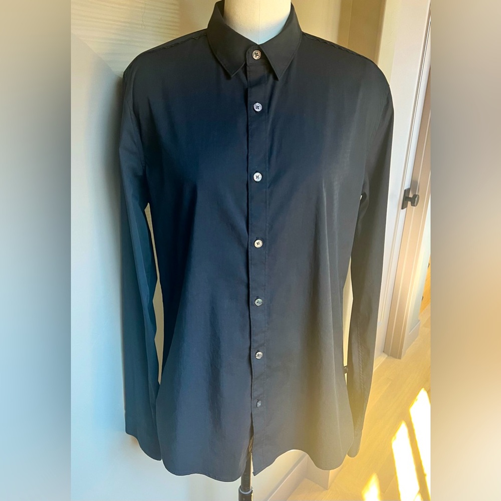 CIVIL SOCIETY Black Button down with Grosgrain piping detail